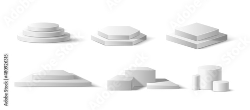 Realistic Detailed 3d White Podium Platform Stage Product Empty Template Mockup Set for Show and Presentation. Vector illustration