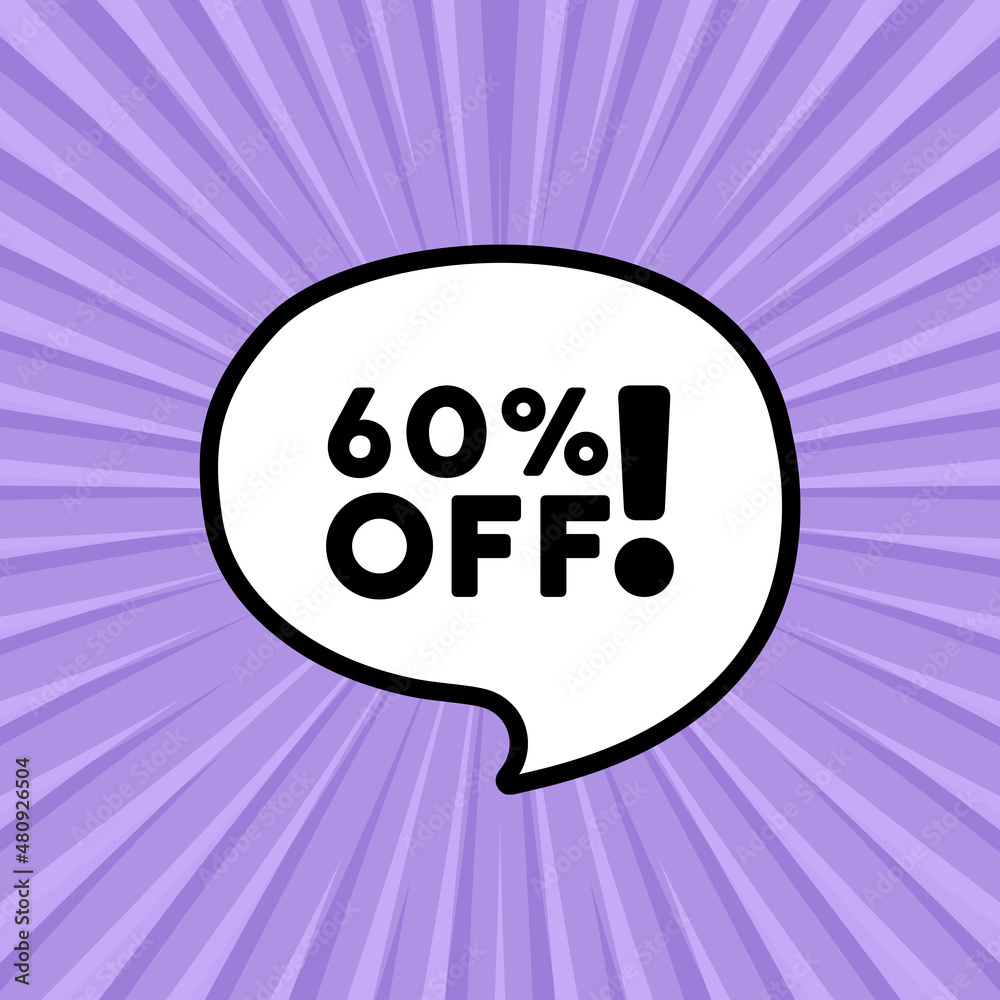 Speech bubble with 60 percent off text. Mega sale banner. Boom retro comic style. Pop art style. Vector line icon for Business and Advertising Speech bubble with 60 percent off text. Mega sale banner. Boom retro comic style. Pop art style. Vector line icon for Business and Advertising