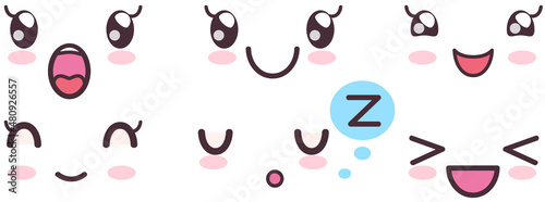 Kawaii cute faces on colorful backgrounds set. Manga style eyes and mouths. Funny cartoon japanese emotion in different face expressions. Anime characters and emotions. Eastern kawaii culture design