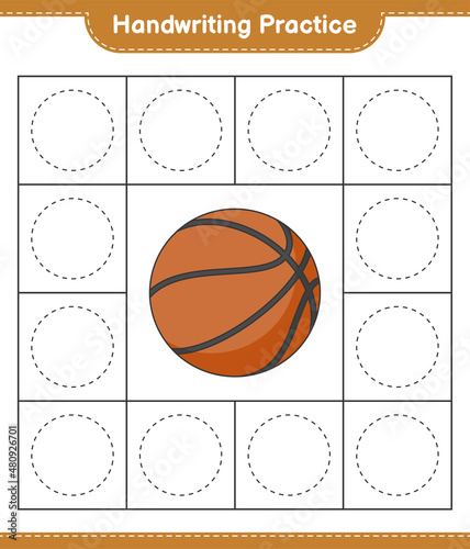 Handwriting practice. Tracing lines of Basketball. Educational children game, printable worksheet, vector illustration