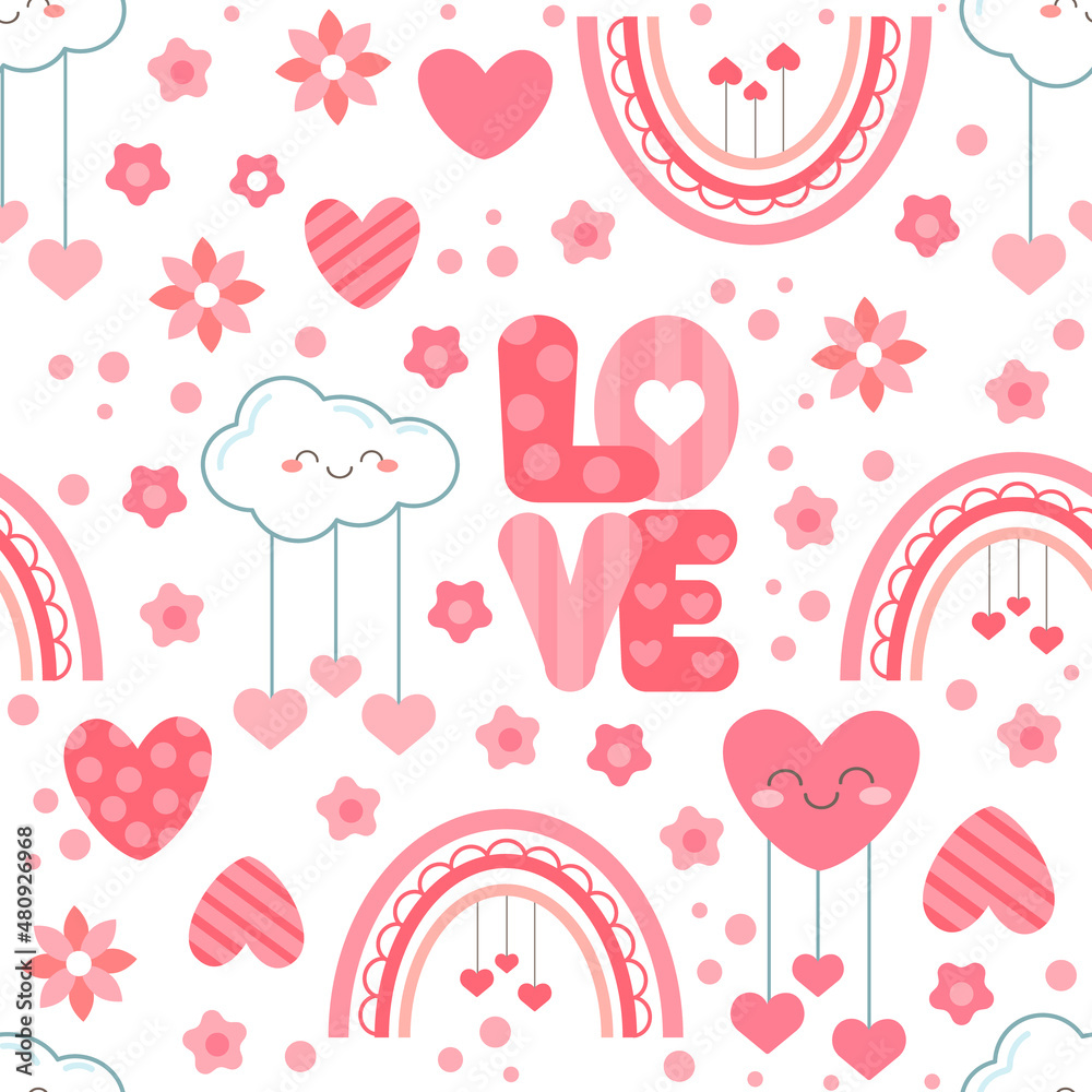 Vector festive seamless pattern with rainbows, hearts, clouds and letters. Gentle modern background for Valentine's day. Gifts for loved ones for Valentine's Day