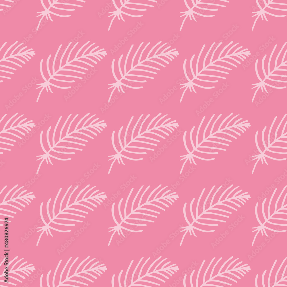 Seamless pattern with cute light pink feathers on pink background. Vector image.