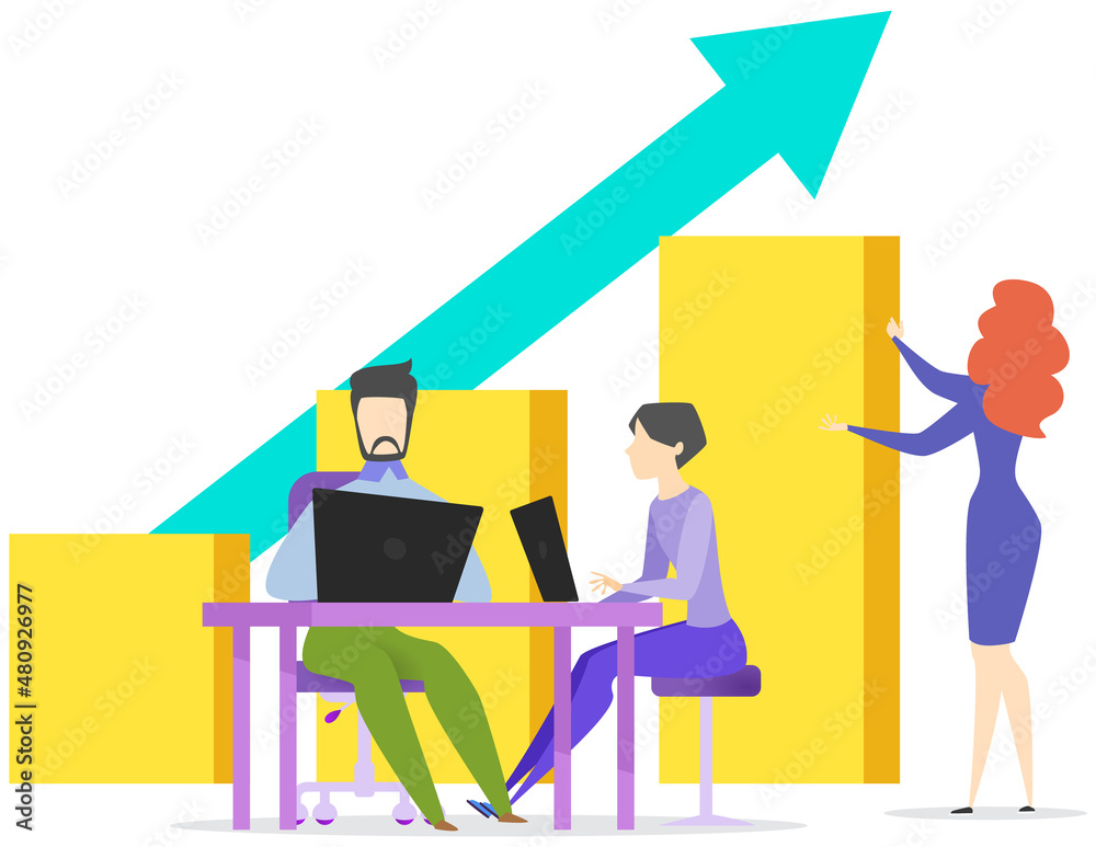 People working with bar chart using computers. Data analysis, business statistics information concept. Colleagues analyse report with statistical indicators. Employees discuss growth of profit graph