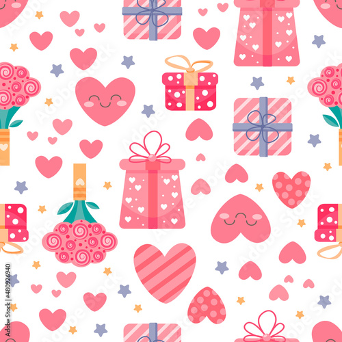 Vector festive seamless pattern with gifts and hearts. Design for Valentine's Day. Suitable for gift wrapping, wrappers, paper, textiles, fabric. Festive design