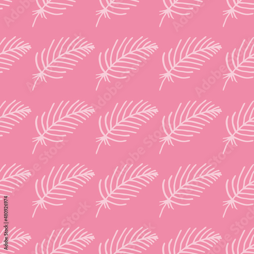 Seamless pattern with cute light pink feathers on pink background. Vector image.
