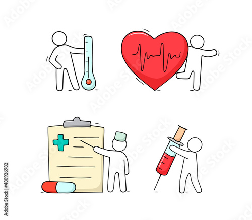 Cartoon little people with medical objects.