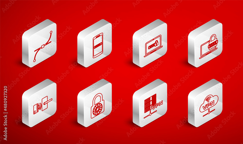 Set line VPN Network cloud connection, Mobile and password, Laptop with, Server, Bezier curve, Safe combination lock wheel and Digital door wireless icon. Vector Set line VPN Network cloud connection, Mobile and password, Laptop with, Server, Bezier curve, Safe combination lock wheel and Digital door wireless icon. Vector
