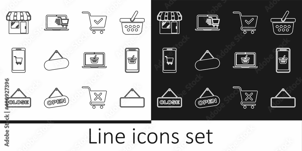 Set line Signboard hanging, Mobile and shopping basket, Shopping cart with check mark, Market store, on laptop and icon. Vector Set line Signboard hanging, Mobile and shopping basket, Shopping cart with check mark, Market store, on laptop and icon. Vector