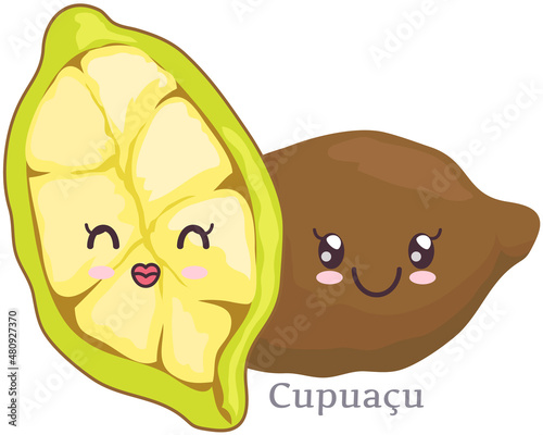Cute cupuacu sticker kawaii icon vector design. Adorable cute charming tropical fruit with positive emotions event or very pleasant situation, japanese culture symbol anime, innocence and childishness