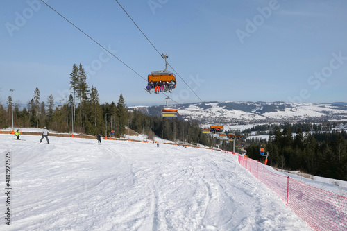Ski slope in popular winter resort Kotelnica Bialczanska in polish mountains, Podhale region.