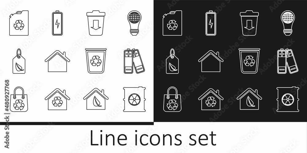 Set line Radioactive waste in barrel, Battery, Send to the trash, House, Tag with leaf, Eco fuel canister, Recycle bin recycle and icon. Vector