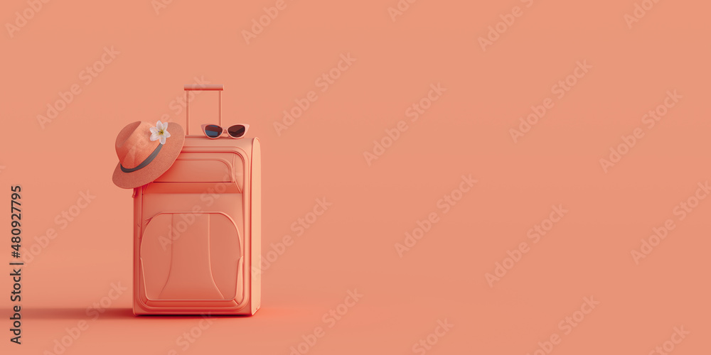 Travel suitcase with hat and sunglasses on salmon pink background 3D Rendering, 3D Illustration Travel suitcase with hat and sunglasses on salmon pink background 3D Rendering, 3D Illustration