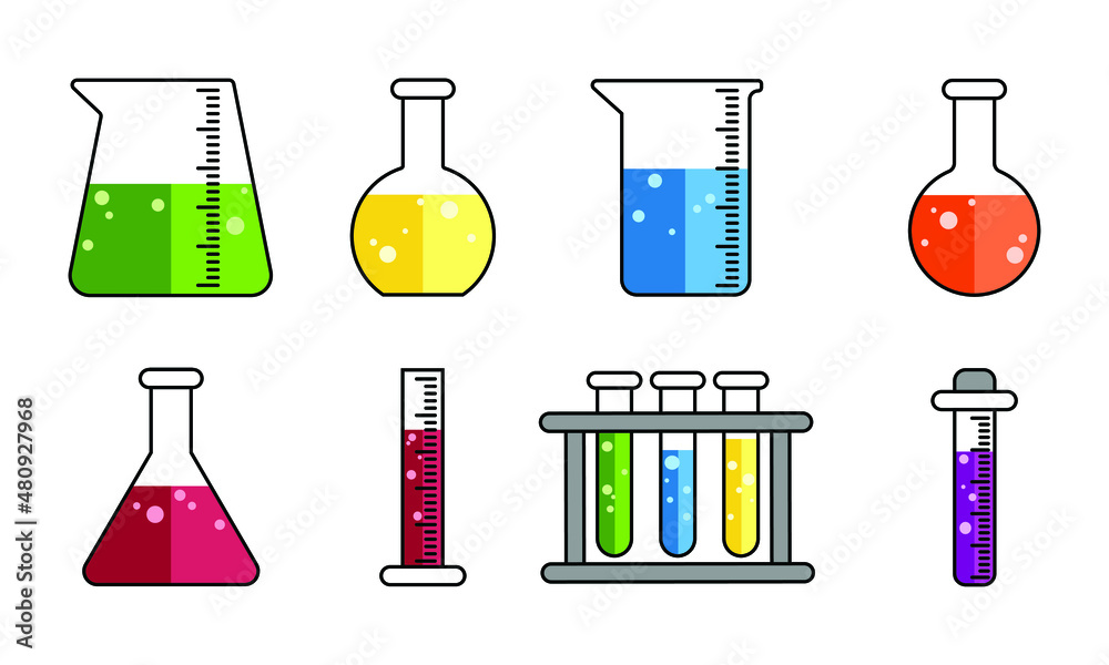 set of various beaker and flask illustrations. a collection of laboratory equipment in a flat design drawing. objects for educational design elements. set of various beaker and flask illustrations. a collection of laboratory equipment in a flat design drawing. objects for educational design elements.