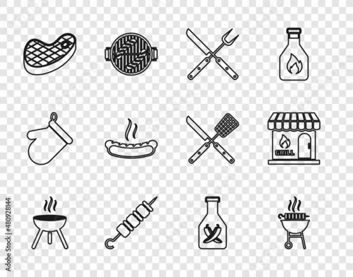 Set line Barbecue grill, grilled shish kebab, Crossed fork and knife, Grilled, Steak meat, Hotdog sandwich, Ketchup bottle and shopping building icon. Vector