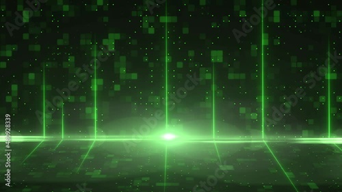 Movement of green stripes and flickering particles - abstract technology background