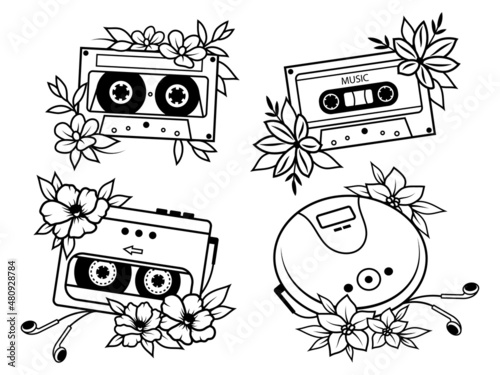 Set of floral cassette player. Collection of vintage retro audio cassette and disk drawn in floral design. Vector illustration of old school fashion print for t-shirt. Nostalgia music equipment. 
