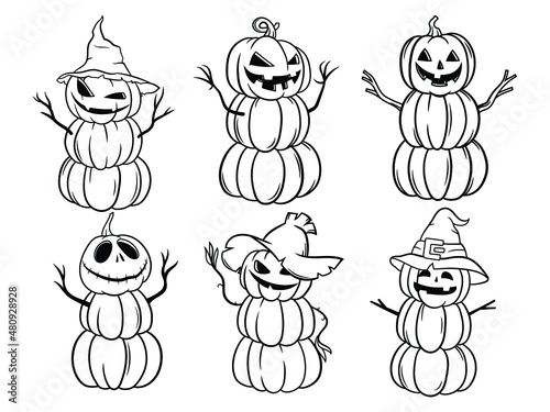 Set of halloween pumpkins. Collection of smiling pumpkins with witch hats. Snowman from pumpkin heads. Jack Lantern attribute. Vector illustration of scary holiday symbol on white background. 