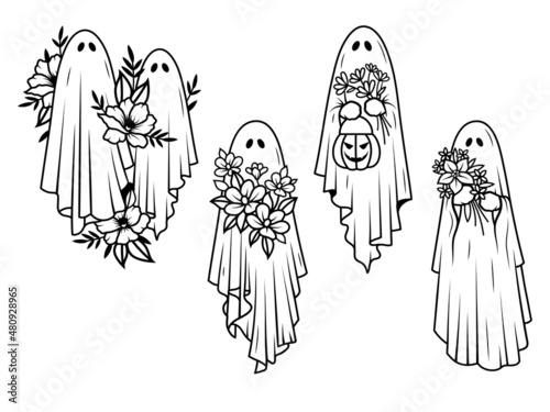 Set of silhouettes ghosts. Collection of mystical evil Halloween spirits. Stylized souls. Vector illustration of magical creatures.