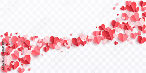 Valentines hearts postcard. Paper flying elements on transparent background. Vector symbols of love in shape of heart for Happy Women's, Mother's, Valentine's Day, birthday greeting card design. PNG	