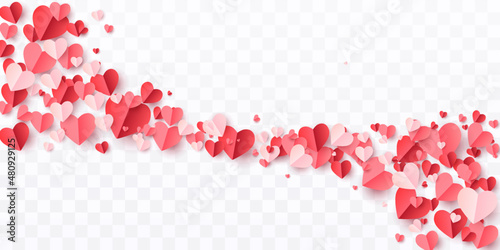 Valentines hearts postcard. Paper flying elements on transparent background. Vector symbols of love in shape of heart for Happy Women's, Mother's, Valentine's Day, birthday greeting card design. PNG	