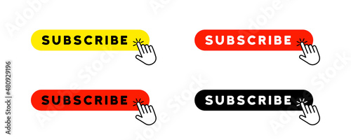 Subscribe button icon set. With hand cursor. Social media concept. Vector line icon for Business and Advertising