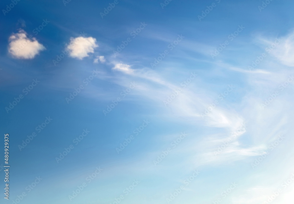 Blue sky with white fluffy cirrus clouds soft focus. Heavenly clouds background summer. Concept of freedom, relaxation, ecology. Copy space. Empty space for message.