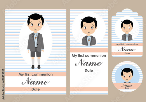 First communion card, bookmark, label and sticker set for boy
