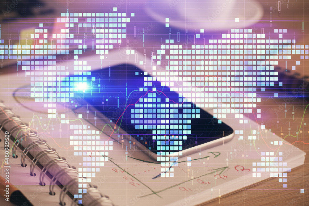Double exposure of financial theme drawing and cell phone background. Concept of business Double exposure of financial theme drawing and cell phone background. Concept of business