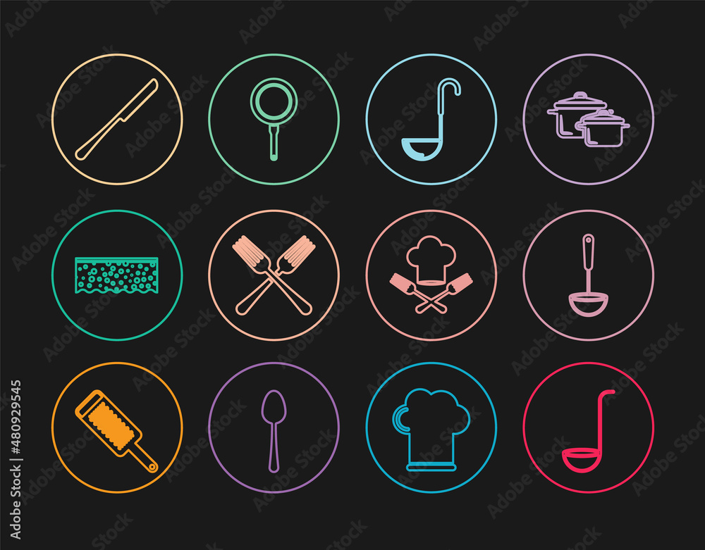 Set line Kitchen ladle, Crossed fork, Sponge with bubbles, Knife, Chef hat and and Frying pan icon. Vector Set line Kitchen ladle, Crossed fork, Sponge with bubbles, Knife, Chef hat and and Frying pan icon. Vector