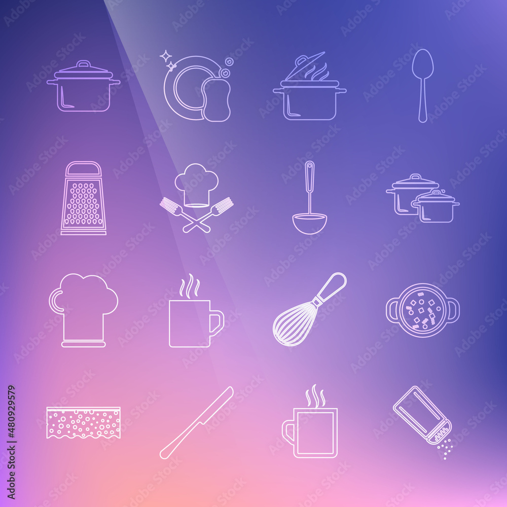 Set line Salt and pepper, Cooking soup in pot, Chef hat fork, Grater, and Kitchen ladle icon. Vector Set line Salt and pepper, Cooking soup in pot, Chef hat fork, Grater, and Kitchen ladle icon. Vector