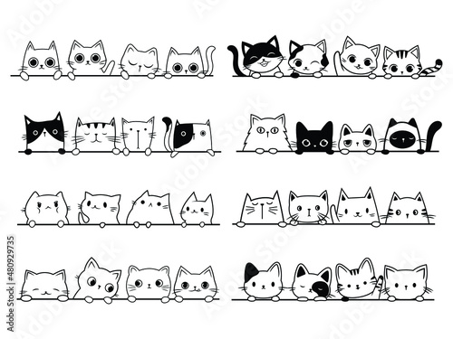 Set of many cats looking out the window. Collection of cartoon cats peeking out the window. Funny peeking pets. Vector illustration on white background. Tattoo. © panaceaart