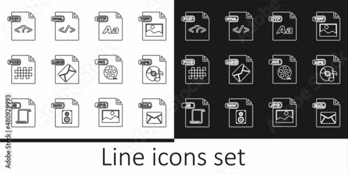 Set line EML file document, MP3, OTF, MSG, PNG, PHP, AVI and HTML icon. Vector