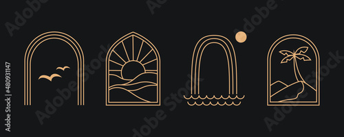 set of bohemian element illustrations.  simple line art collections of boho badges with landscape decorated. editable stroke line for design decoration, emblem, wall art, etc.
