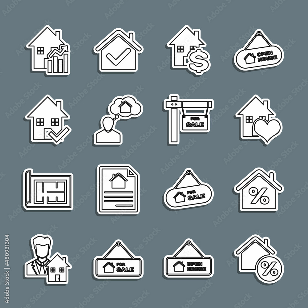 Set line House with percant, heart shape, dollar, Man dreaming about buying house, check mark, Rising cost of housing and Hanging sign For Sale icon. Vector