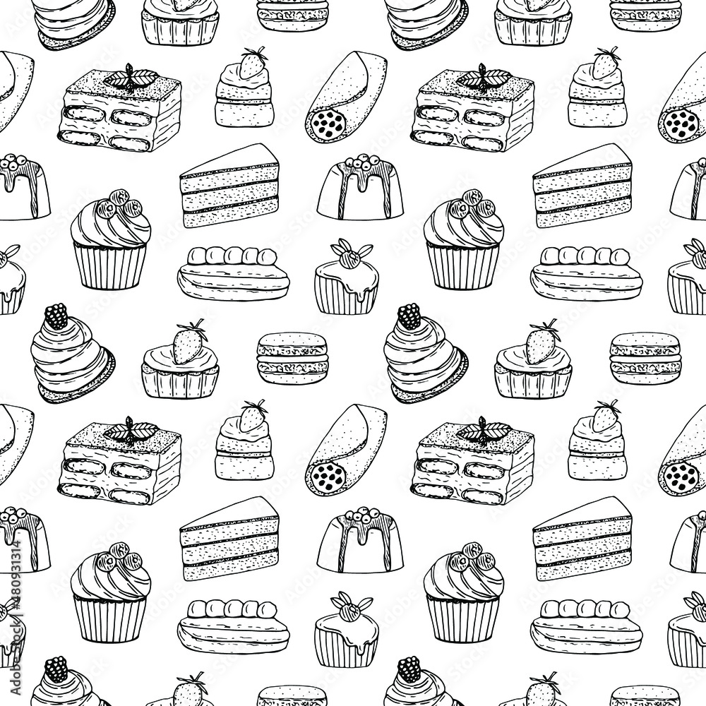 Seamless pattern popular cakes vector illustration, hand drawing sketch