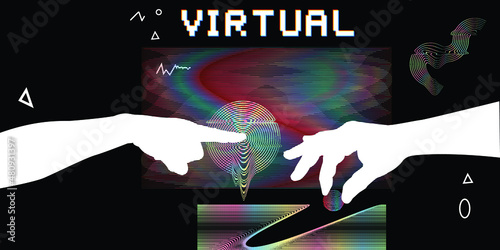 Modern retro futuristic background . Retro wave poster .Vector design composition with various geometric shapes . Abstract contemporary art . Digital virtual reality . New modernism 