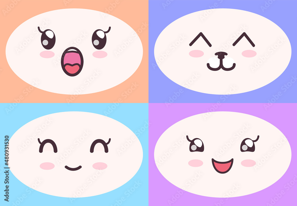 Kawaii cute faces on colorful backgrounds set. Manga style eyes and mouths. Funny cartoon japanese emotion in different face expressions. Anime characters and emotions. Eastern kawaii culture design