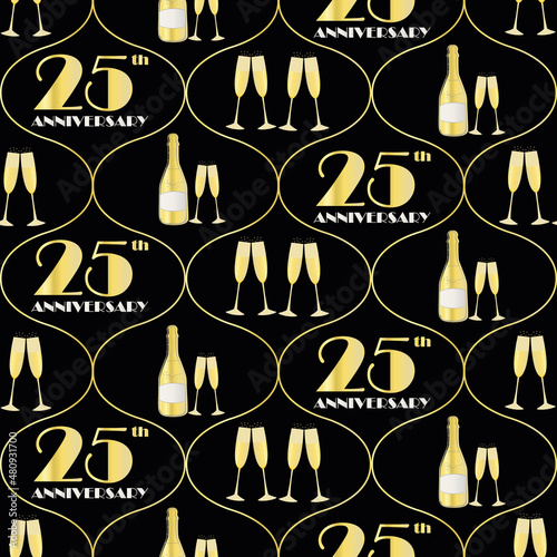 25 years anniversary celebration vector seamless Ogee pattern with hand drawn champagne bottles and glasses. Black and gold background. Fizzy drinks and 1920s font. Repeat for party, business event photo