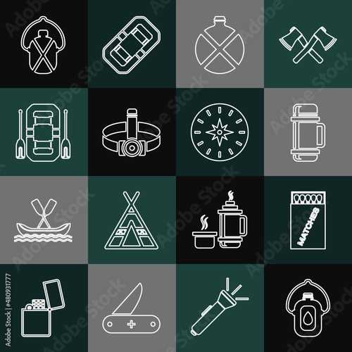 Set line Canteen water bottle, Open matchbox and matches, Thermos container, Head flashlight, Rafting boat, and Compass icon. Vector