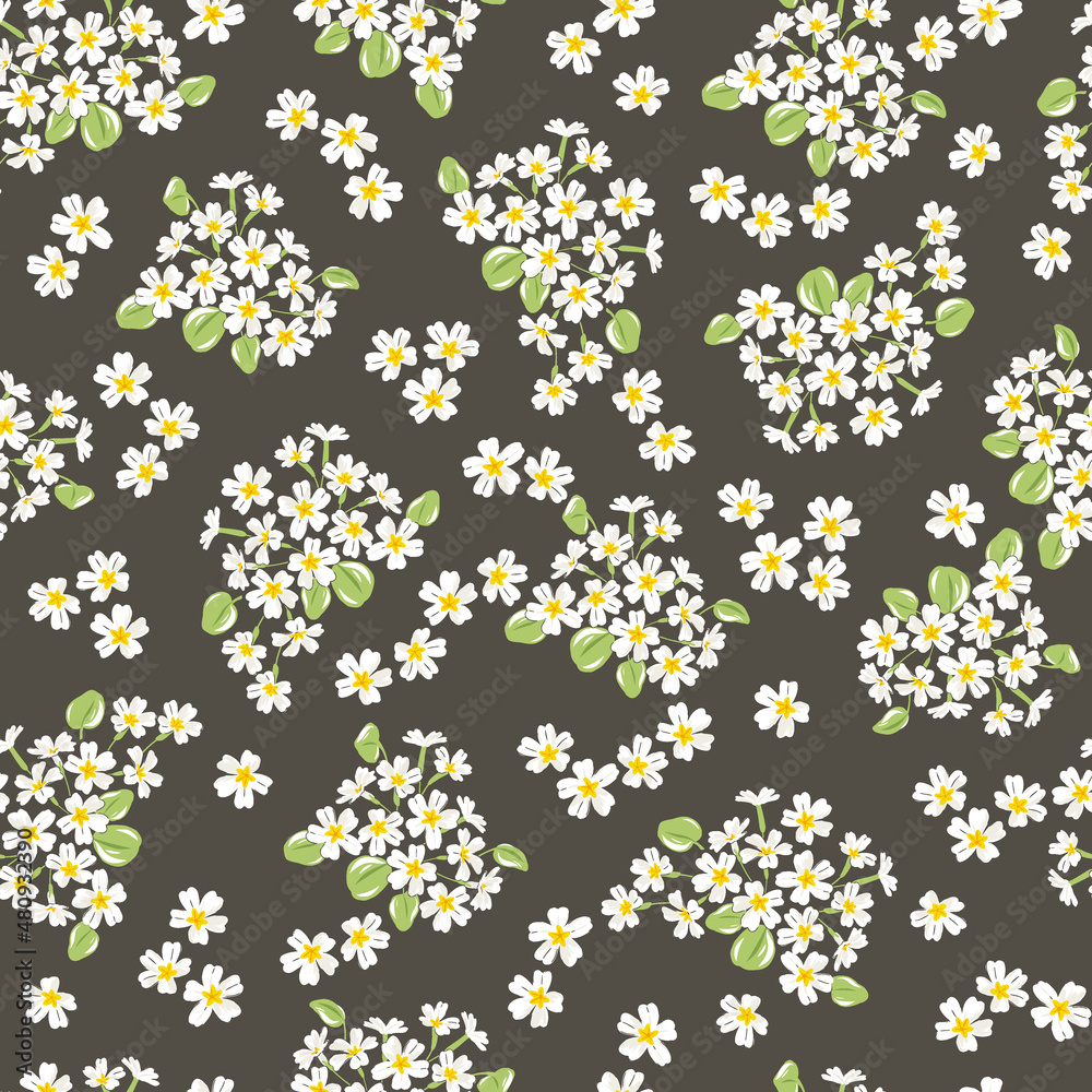 Primrose Spring Garden flower hand drawn vector seamless pattern. Vintage Romantic Liberty inspired Petite floral ditsy print. Bloomy calico dark background for fashion fabric or home textile Primrose Spring Garden flower hand drawn vector seamless pattern. Vintage Romantic Liberty inspired Petite floral ditsy print. Bloomy calico dark background for fashion fabric or home textile
