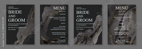 Modern watercolor background or elegant card design for birthday invite or wedding or menu with abstract black ink waves and golden splashes.