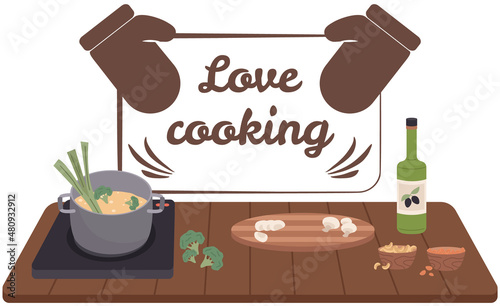 Premium cooking class design elements. Kitchen emblem, food studio label. Culinary school badge. Hand drawn lettering for cooking masterclass. Process of food preparation, ingredients for dish concept