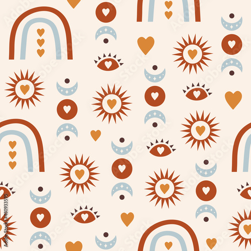  Seamless pattern of romantic bohemian elements for Valentine's Day isolated on a light background. Modern vector illustration for decoration