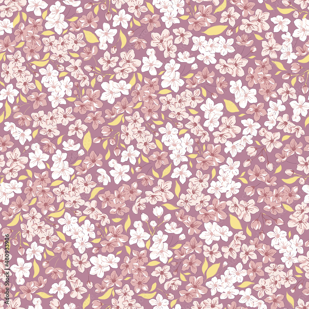 Sakura Cherry blossom Spring Garden flower hand drawn vector seamless pattern. Vintage Romantic Liberty inspired Petite floral ditsy print. Bloomy calico background for fashion fabric or home textile