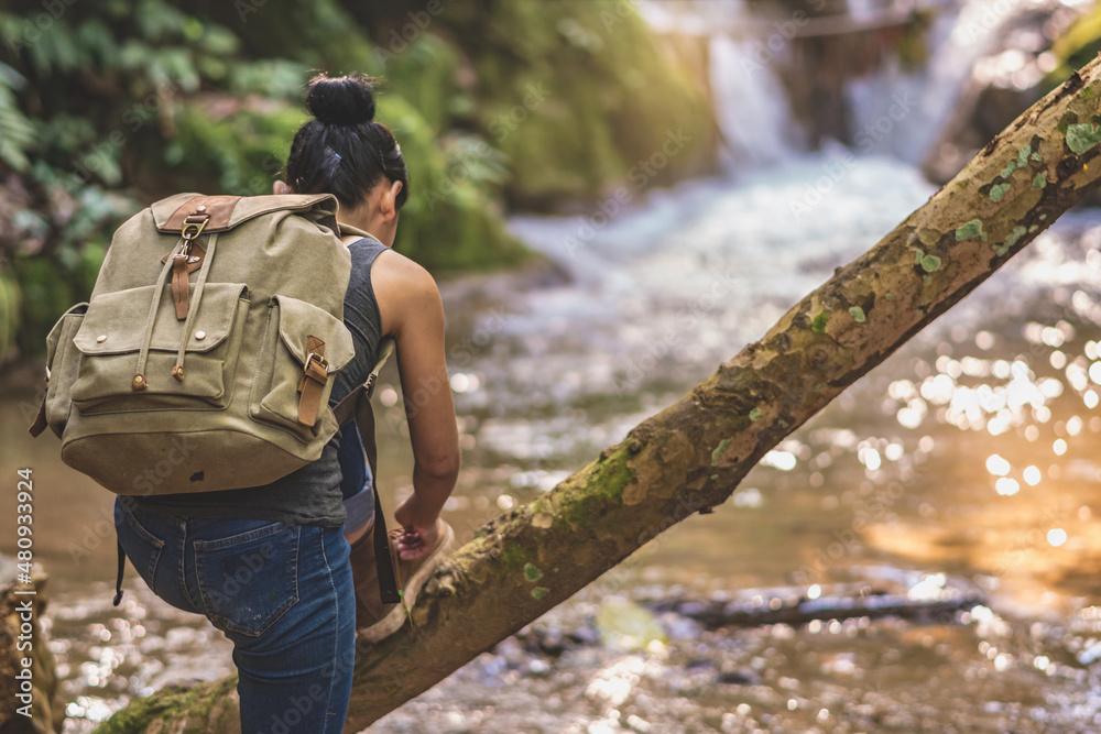 Fototapeta premium Hiker woman attractive traveler adventure wilderness.