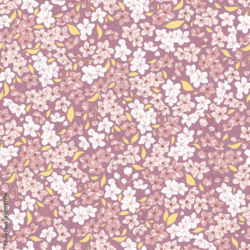 Sakura Cherry blossom Spring Garden flower hand drawn vector seamless pattern. Vintage Romantic Liberty inspired Petite floral ditsy print. Bloomy calico background for fashion fabric or home textile © AngellozOlga