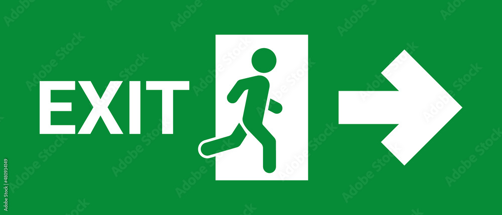 Emergency exit green sign with arrow, exit person out door for protection. Man go out through door, warning sign. Vector illustration Emergency exit green sign with arrow, exit person out door for protection. Man go out through door, warning sign. Vector illustration