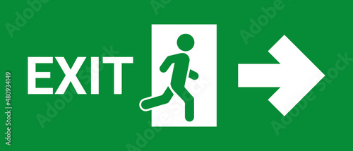 Emergency exit green sign with arrow, exit person out door for protection. Man go out through door, warning sign. Vector illustration