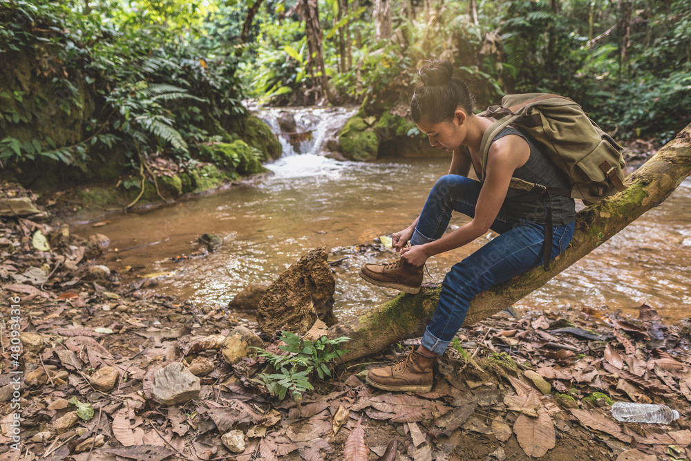 Hiker woman attractive traveler adventure wilderness.