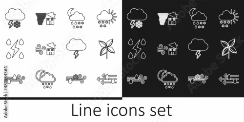 Set line Wind and rain, Pinwheel, Cloud with snow, moon, Tornado swirl, Storm, lightning, and icon. Vector